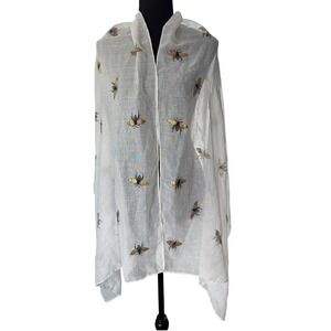 White Sheer Scarf Gold Metallic Bumblebee Print Lightweight Gauze Shawl Wrap